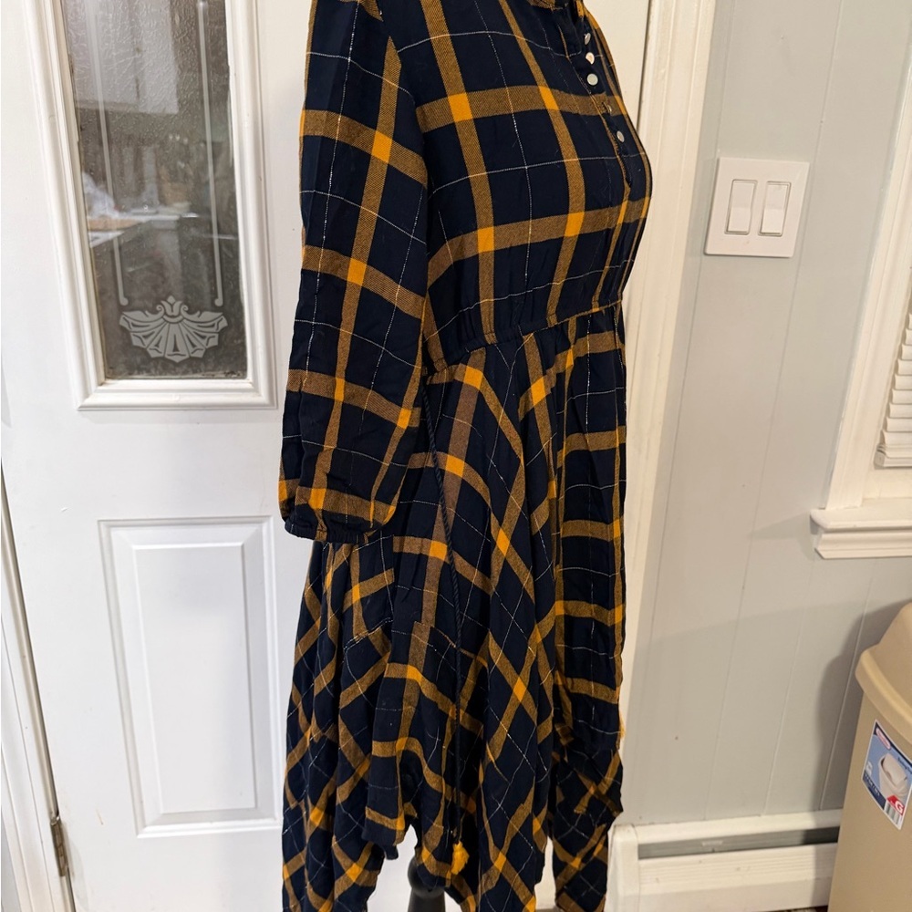 Stylish Asymmetrical Plaid Dress in Navy and Mustard
